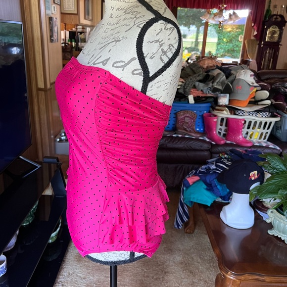 Jantzen One Piece Swimsuit Bathing Suit Strapless Ruffle Hot Pink Polka Dot 14. - Picture 14 of 16